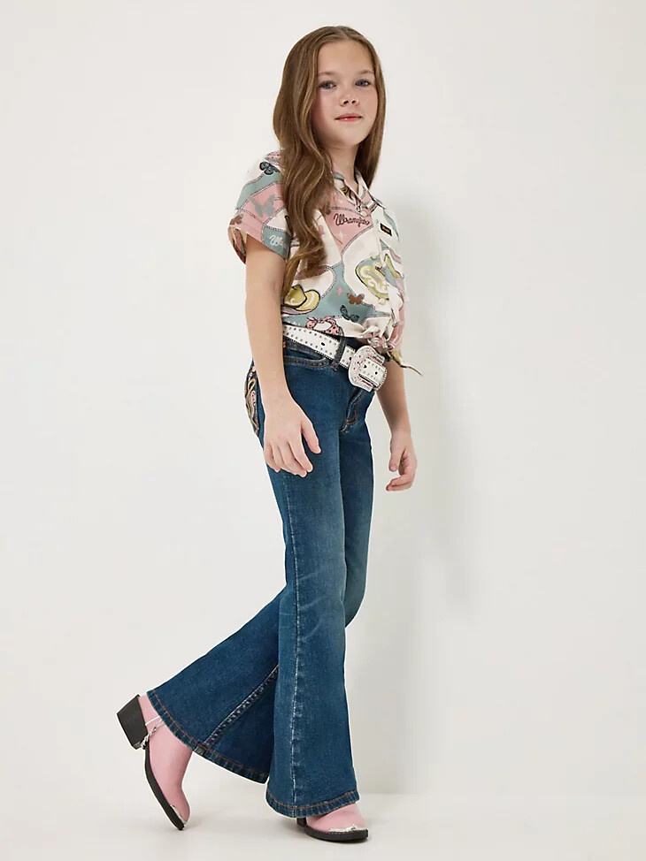 pantalones de campana bordados wrangler x lainey wilson para niña con lavado bohemio