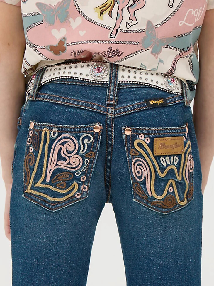 pantalones de campana bordados wrangler x lainey wilson para niña con lavado bohemio