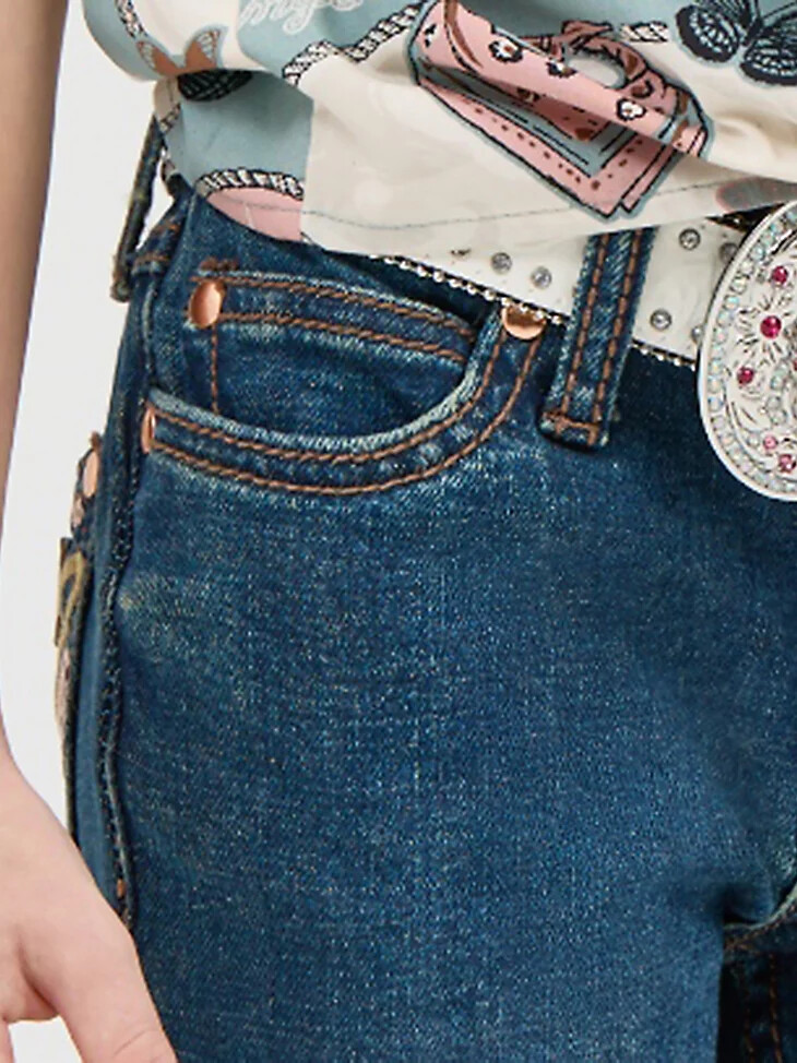 pantalones de campana bordados wrangler x lainey wilson para niña con lavado bohemio