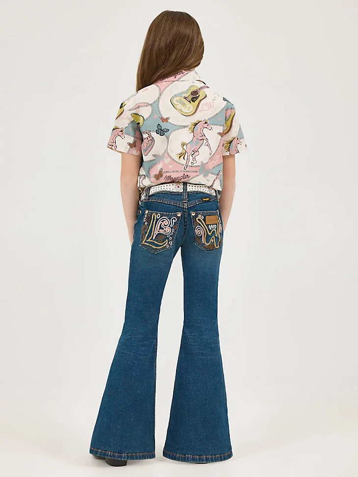 pantalones de campana bordados wrangler x lainey wilson para niña con lavado bohemio