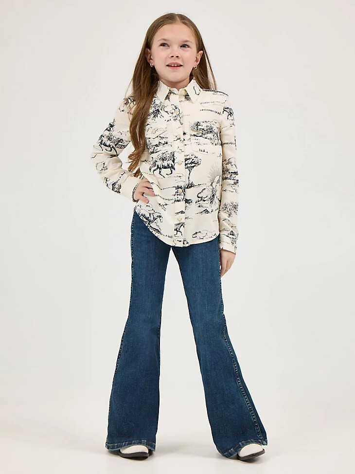 camisa con broches estilo western de wrangler x lainey wilson country toile para niña estampado paisajístico