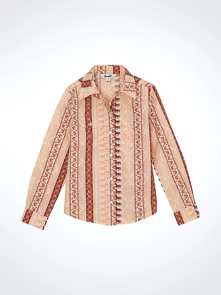 camisa de manga larga con estampado geométrico estilo western y broches para niña color rosa