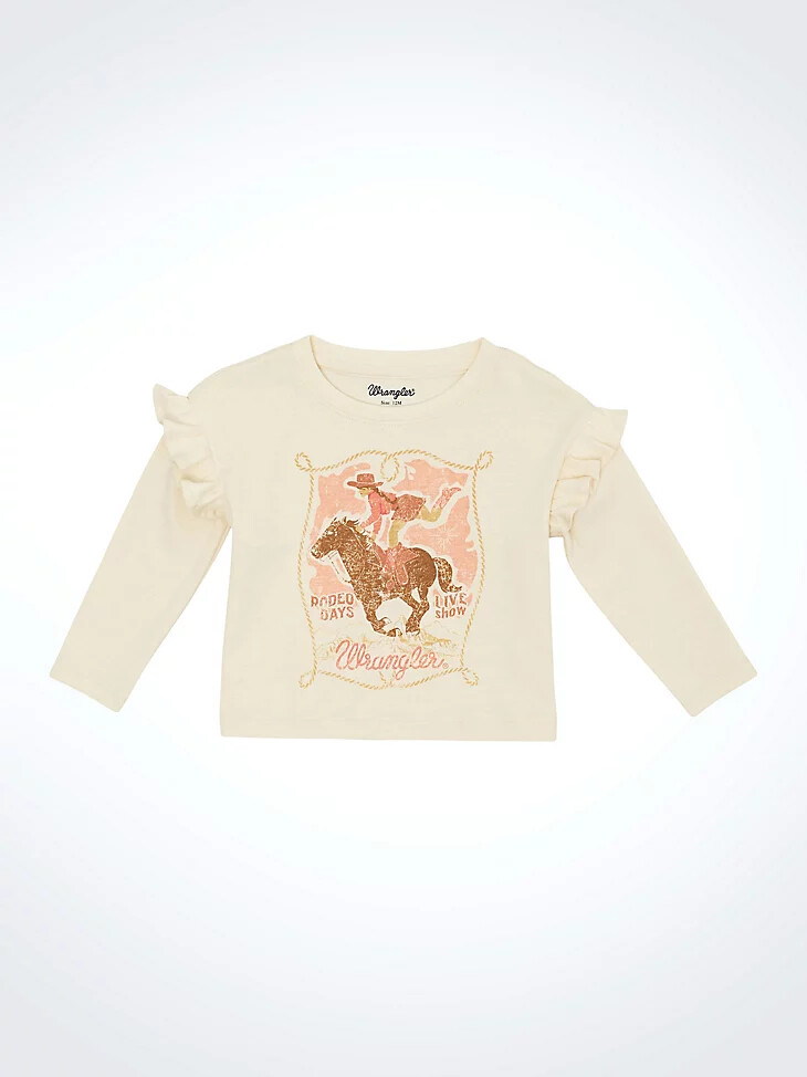 camiseta estampada de manga larga con hombros con volantes para niña pequeña blanca