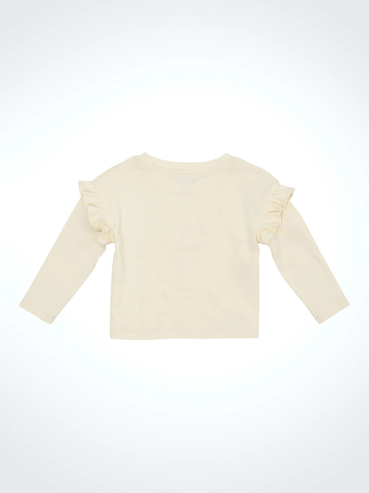camiseta estampada de manga larga con hombros con volantes para niña pequeña blanca