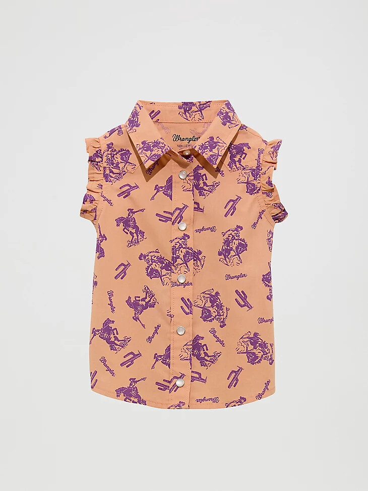 camisa vaquera sin mangas con volantes para niña pequeña color naranja