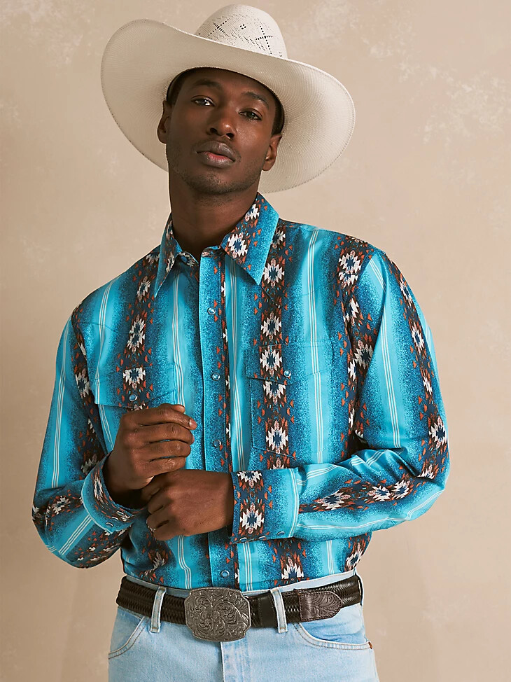 camisa de manga larga con estampado de broches estilo western checotah para hombre color azul sal marina