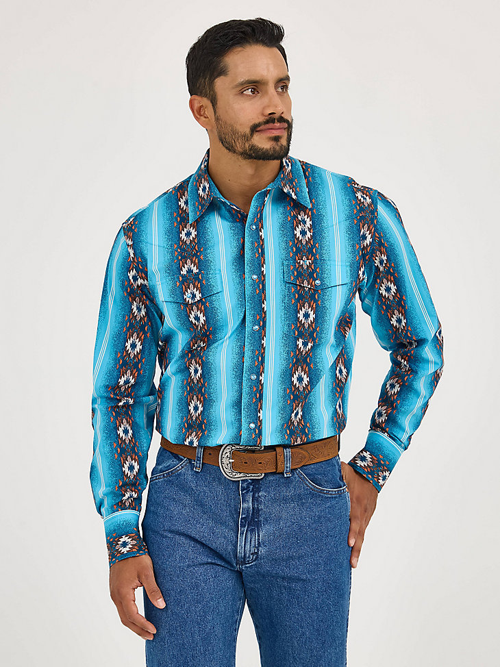 camisa de manga larga con estampado de broches estilo western checotah para hombre color azul sal marina