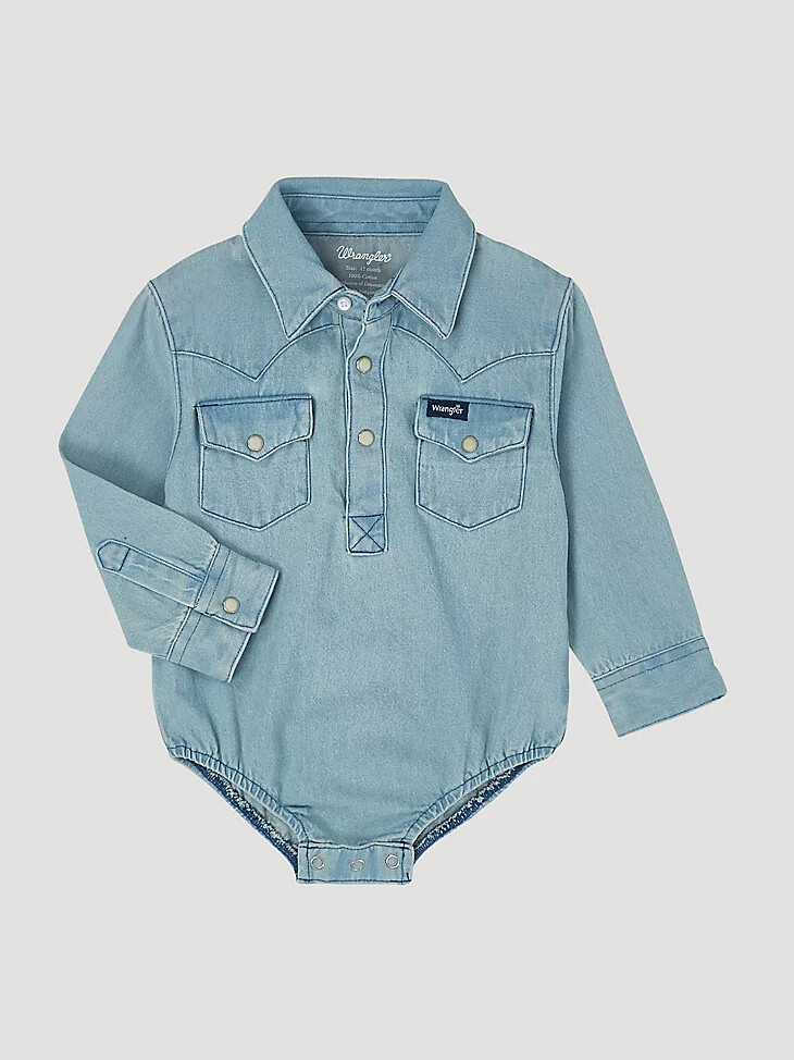 body vaquero de manga larga para bebé niño con tapeta con broches estilo western azul descolorido