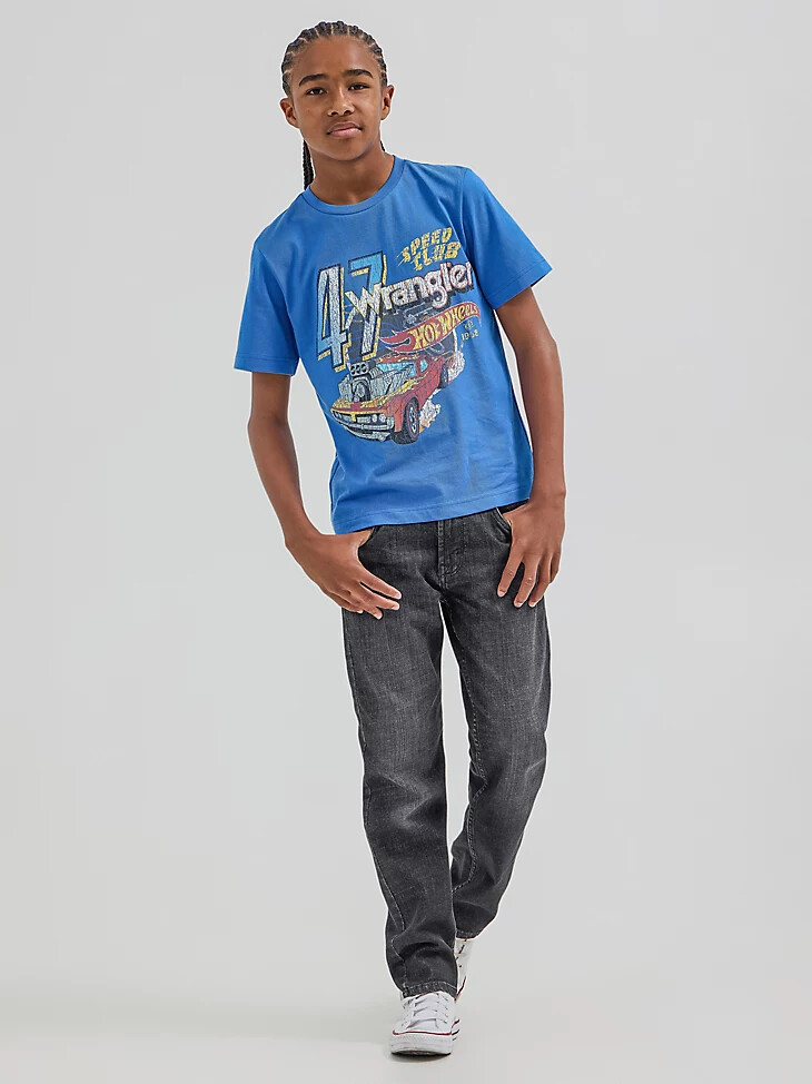 camiseta azul del speed club de wrangler x hot wheels para niño