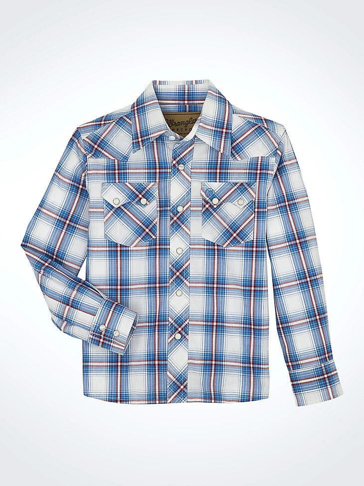 camisa wrangler retro western con broches a cuadros y bolsillos dentados delanteros color azul costero