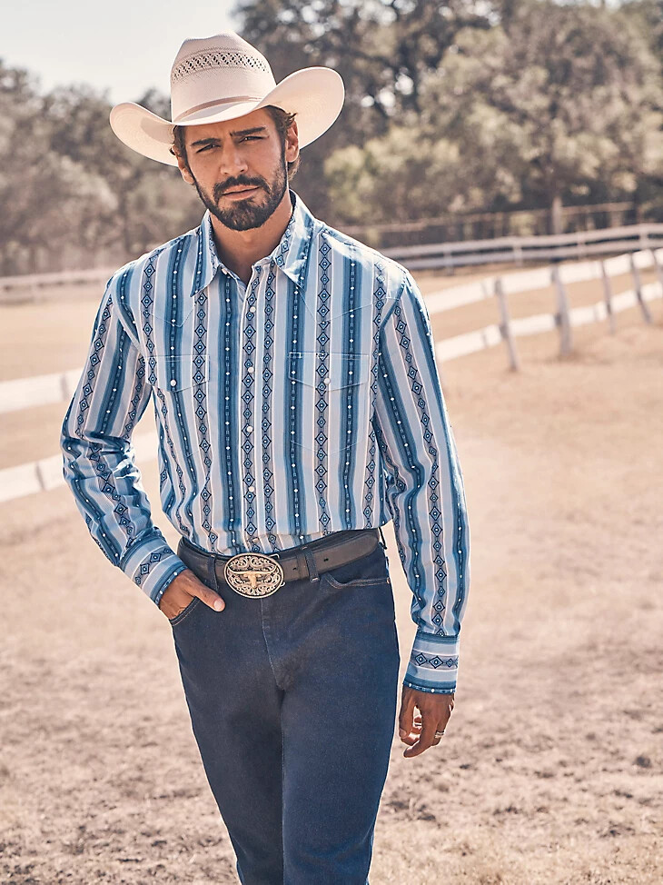 camisa de manga larga con estampado de broches estilo western checotah para hombre color azul río