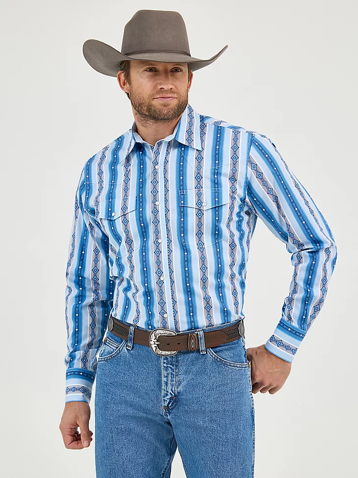 camisa de manga larga con estampado de broches estilo western checotah para hombre color azul río