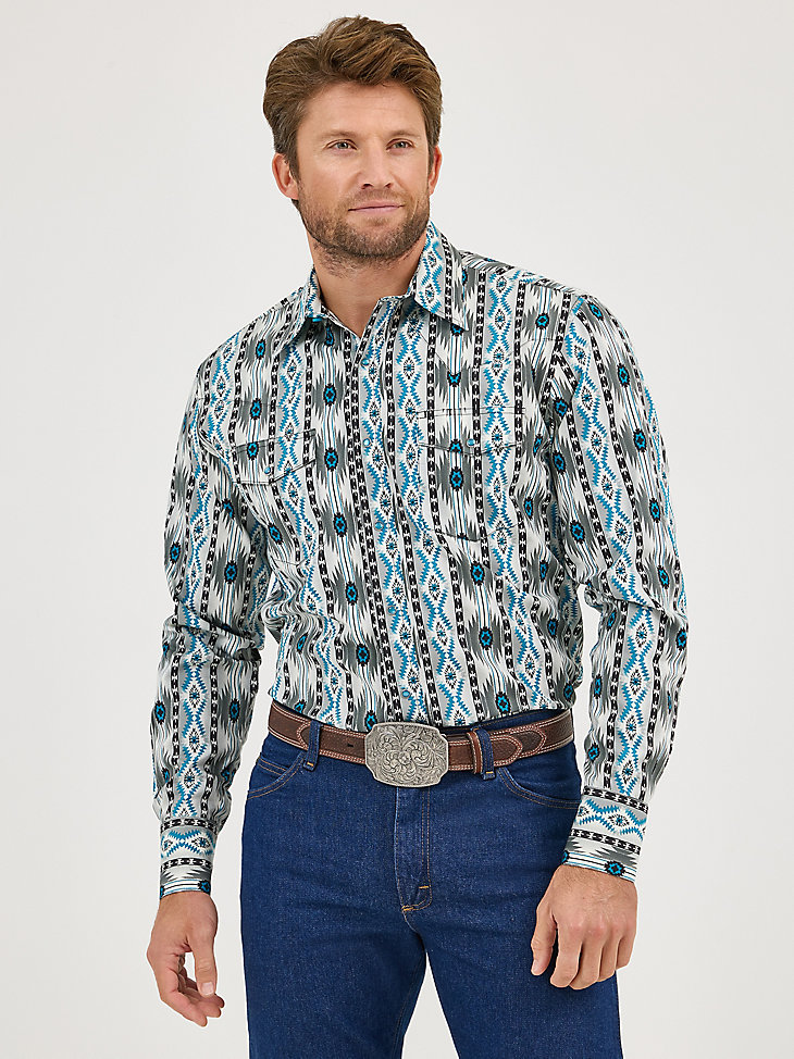 camisa de manga larga con estampado de broches estilo western checotah para hombre gris en contraste