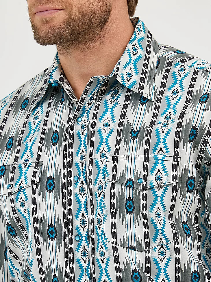 camisa de manga larga con estampado de broches estilo western checotah para hombre gris en contraste
