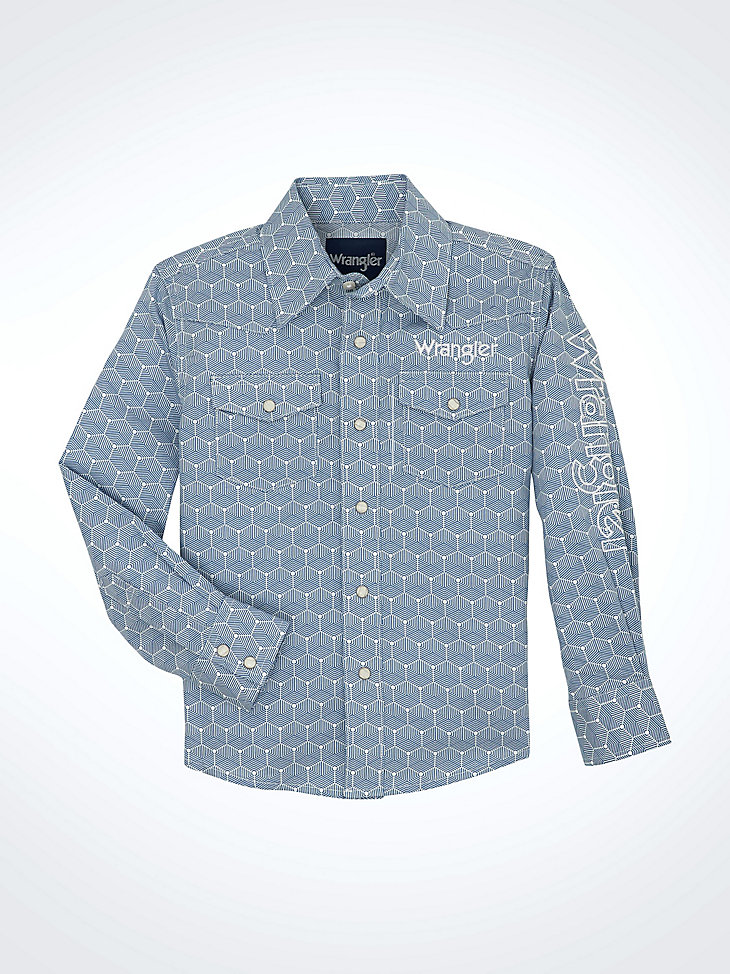 camisa vaquera de manga larga con logo wrangler para niño con broches de presión hexágonos azul acero