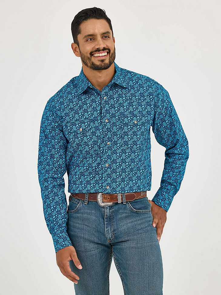 camisa vaquera de manga larga con dos bolsillos y cuello alto 20x competition advanced comfort para hombre color turquesa paisley