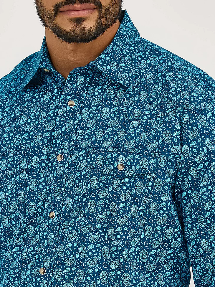 camisa vaquera de manga larga con dos bolsillos y cuello alto 20x competition advanced comfort para hombre color turquesa paisley