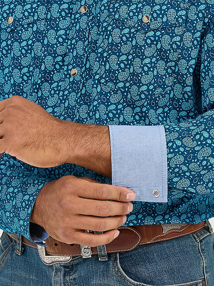 camisa vaquera de manga larga con dos bolsillos y cuello alto 20x competition advanced comfort para hombre color turquesa paisley