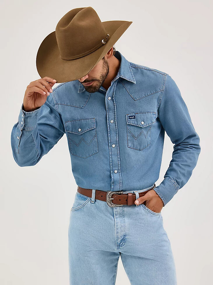 camisa de trabajo vaquera de manga larga con broches de presión cowboy cut con lavado a la piedra