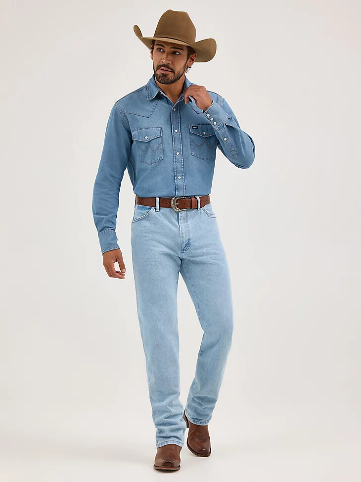 camisa de trabajo vaquera de manga larga con broches de presión cowboy cut con lavado a la piedra