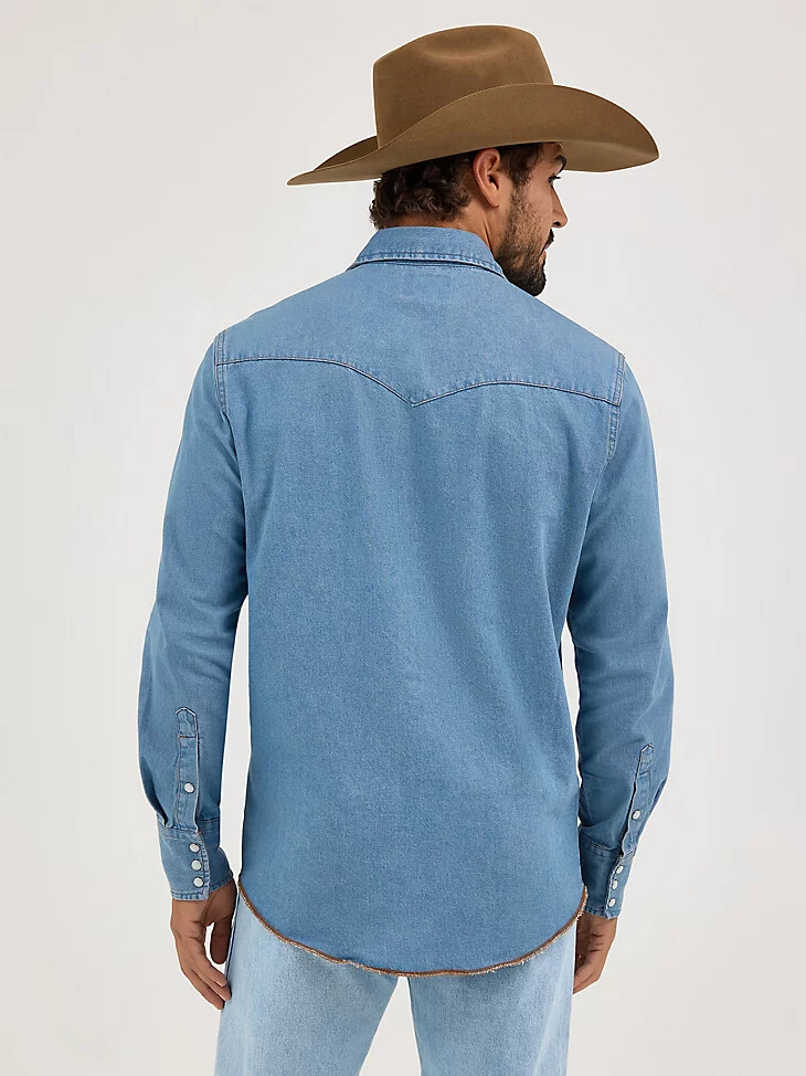 camisa de trabajo vaquera de manga larga con broches de presión cowboy cut con lavado a la piedra