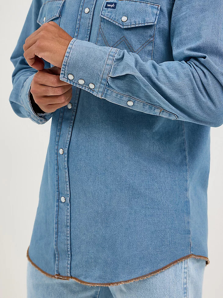 camisa de trabajo vaquera de manga larga con broches de presión cowboy cut con lavado a la piedra
