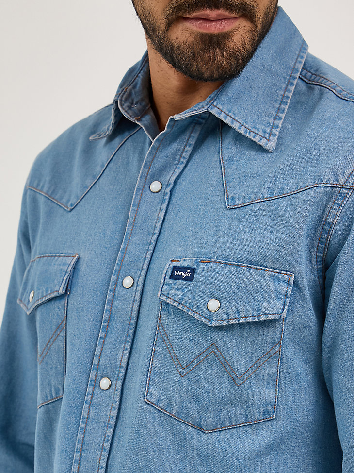 camisa de trabajo vaquera de manga larga con broches de presión cowboy cut con lavado a la piedra