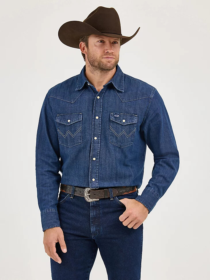 camisa de trabajo vaquera de manga larga con broches de presión cowboy cut denim oscuro