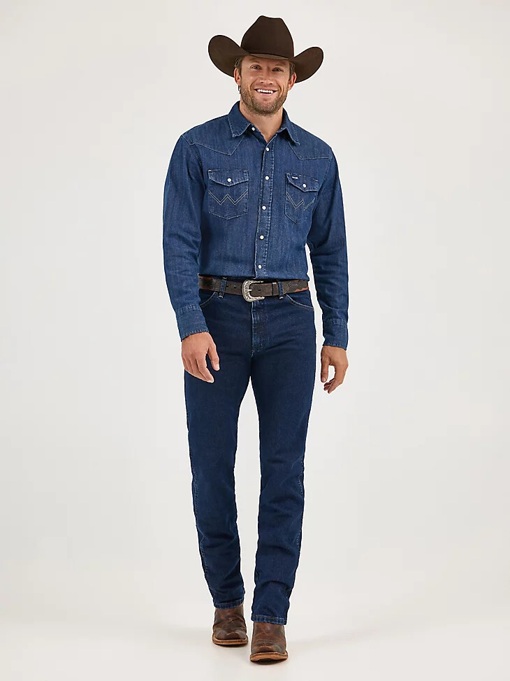 camisa de trabajo vaquera de manga larga con broches de presión cowboy cut denim oscuro
