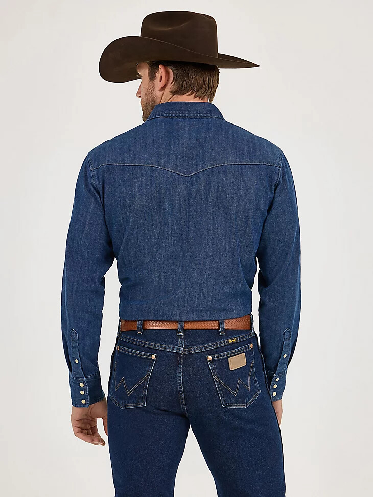 camisa de trabajo vaquera de manga larga con broches de presión cowboy cut denim oscuro
