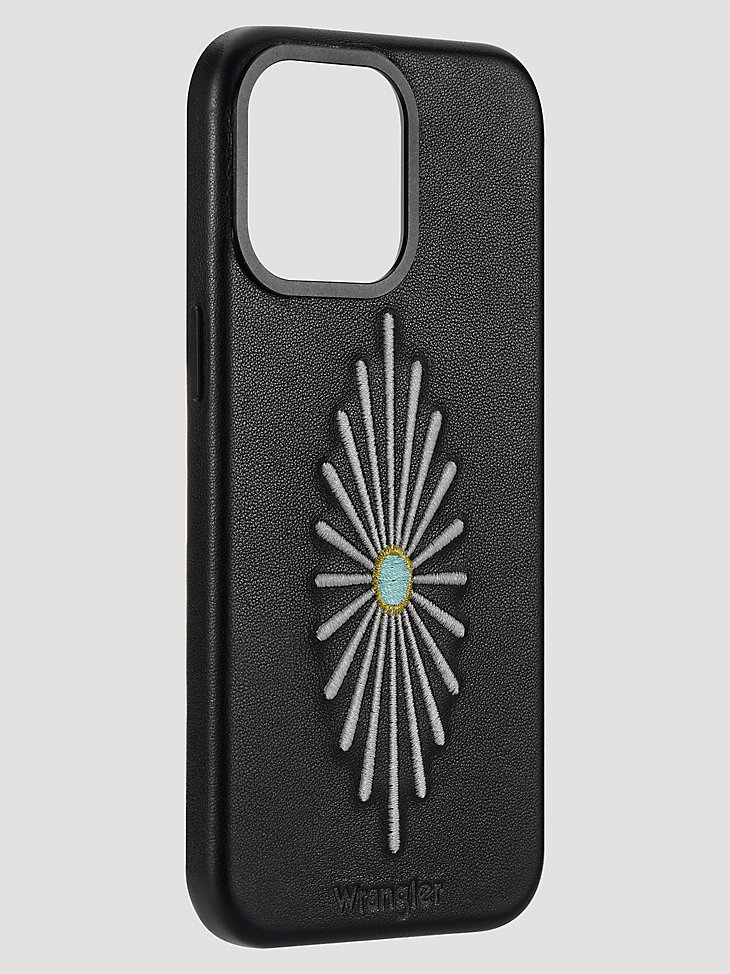 funda de cuero con bordado para smartphone color negro