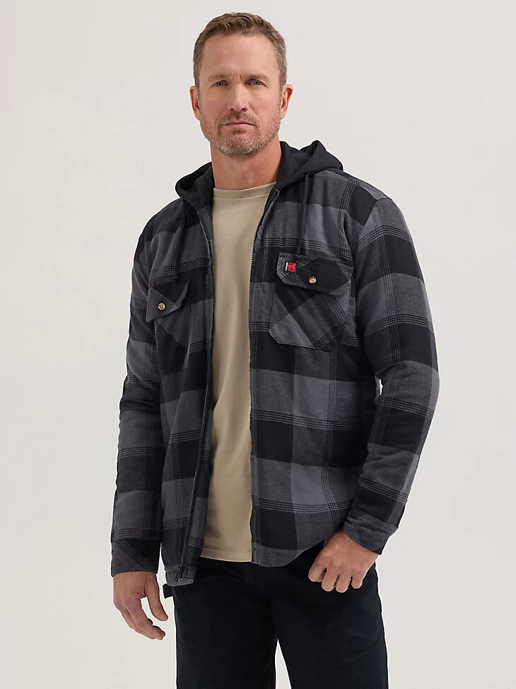 chaqueta de trabajo de franela con capucha wrangler riggs workwear a cuadros negros