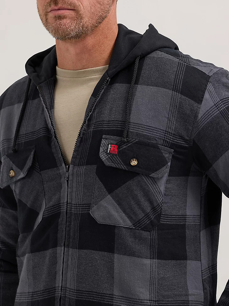 chaqueta de trabajo de franela con capucha wrangler riggs workwear a cuadros negros