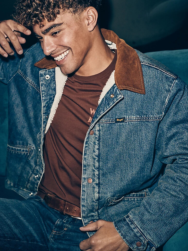 chaqueta barrel house para hombre wrangler x buffalo trace color índigo desgastado