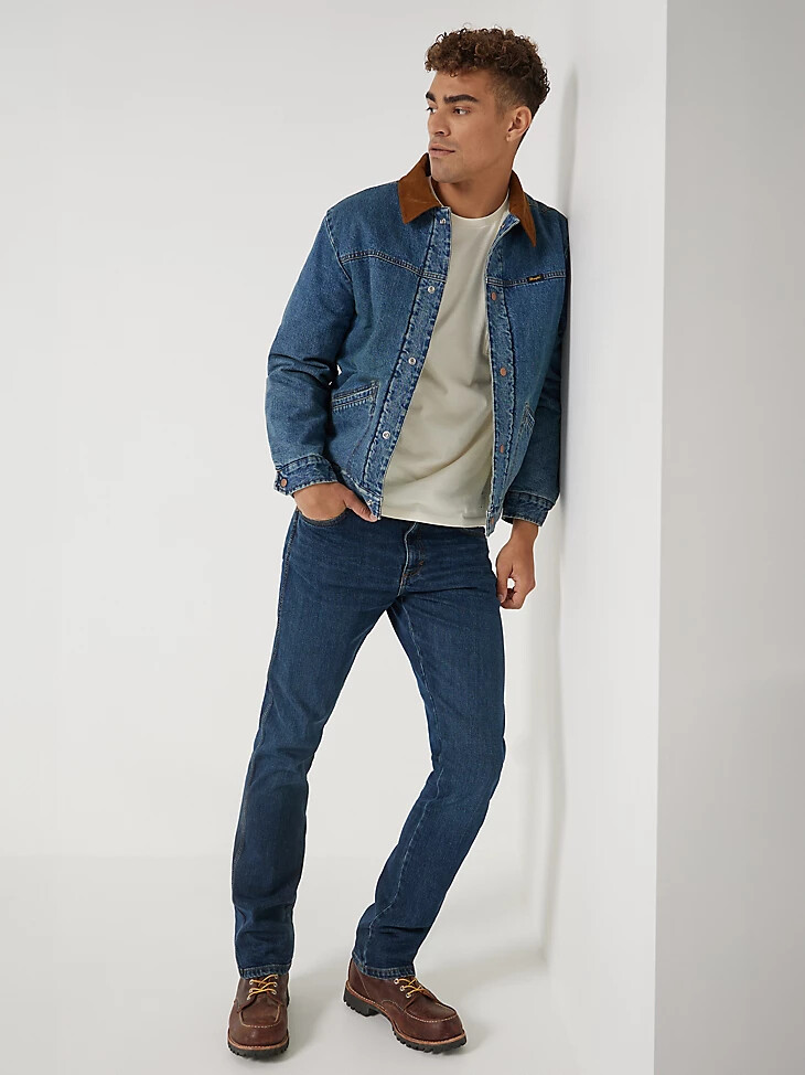 chaqueta barrel house para hombre wrangler x buffalo trace color índigo desgastado