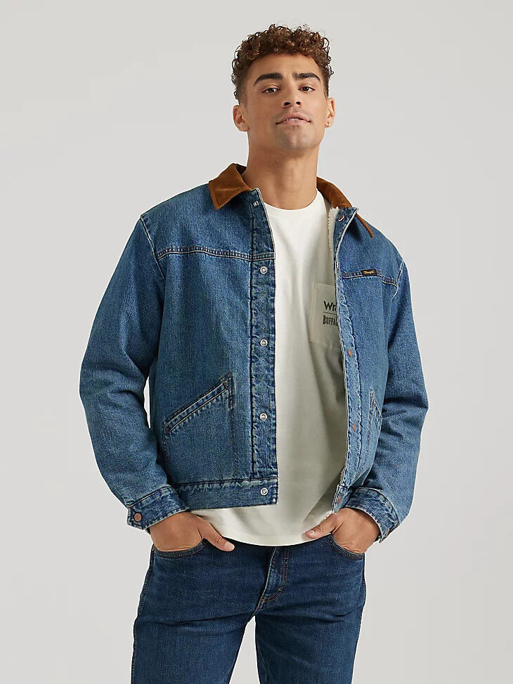 chaqueta barrel house para hombre wrangler x buffalo trace color índigo desgastado