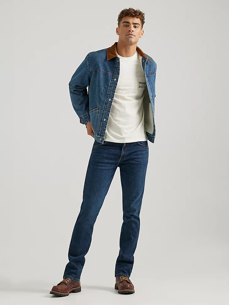 chaqueta barrel house para hombre wrangler x buffalo trace color índigo desgastado