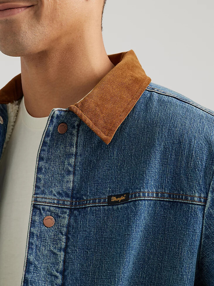 chaqueta barrel house para hombre wrangler x buffalo trace color índigo desgastado