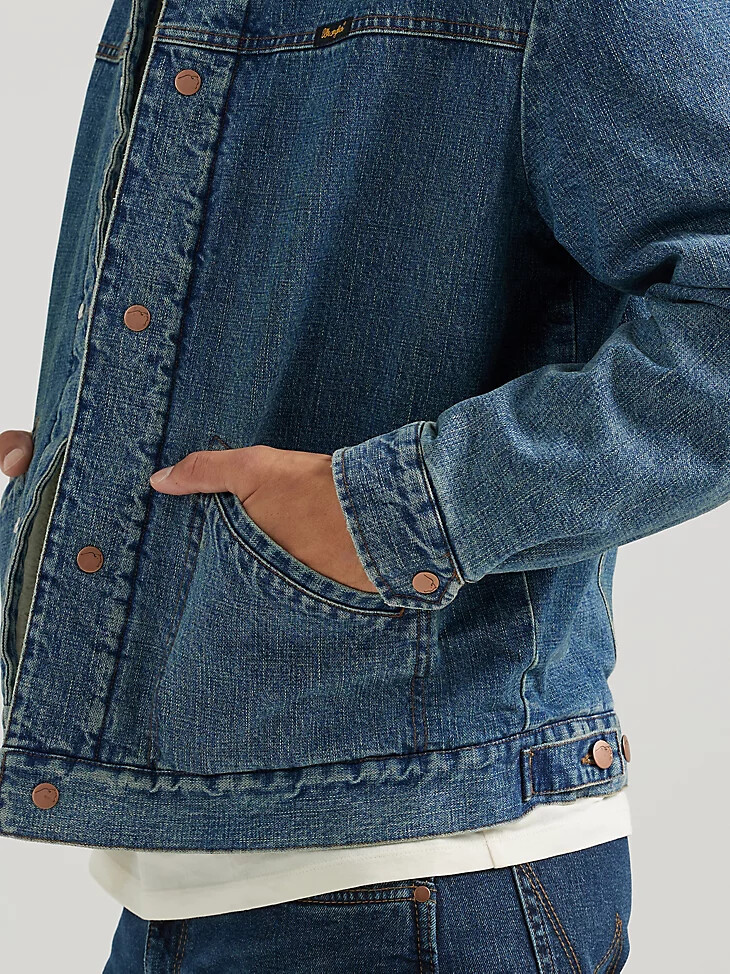 chaqueta barrel house para hombre wrangler x buffalo trace color índigo desgastado