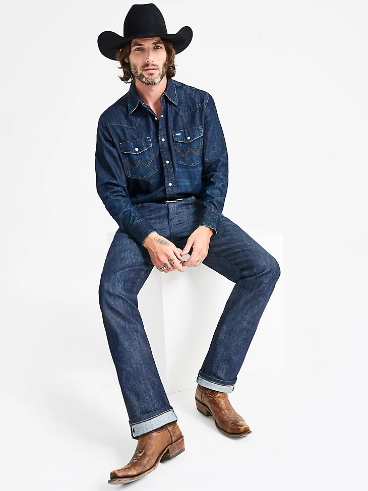 vaqueros wrangler retro slim fit straight selvedge stretch raw indigo