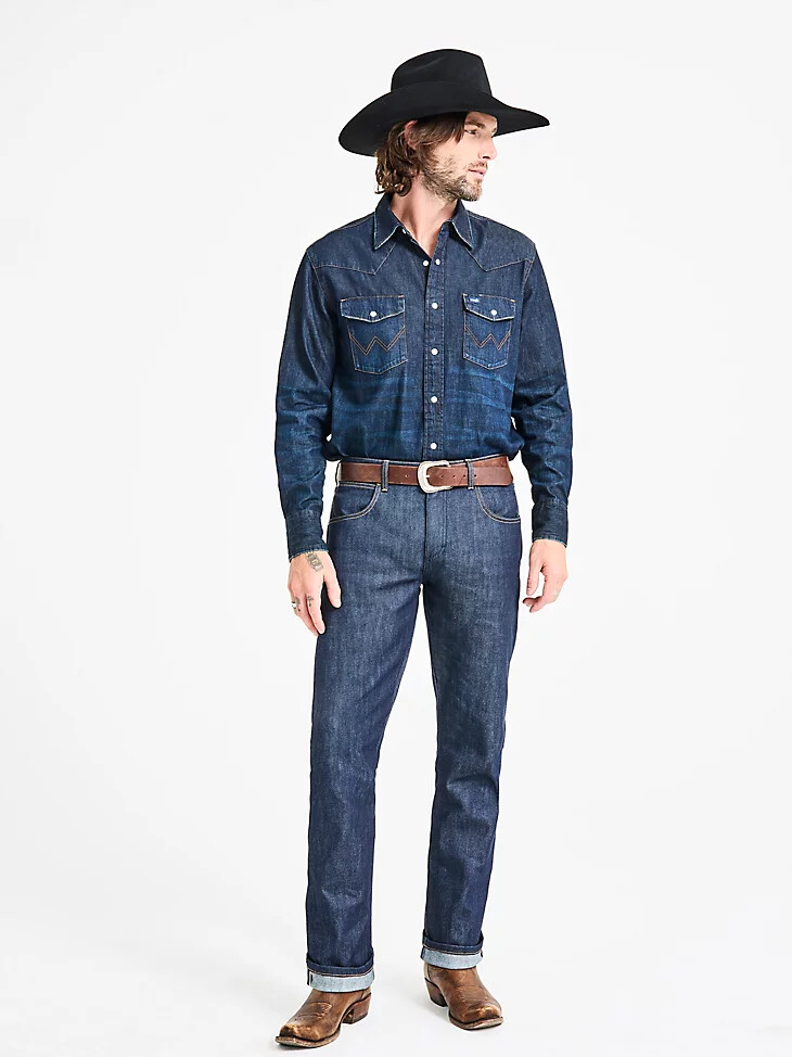 vaqueros wrangler retro slim fit straight selvedge stretch raw indigo