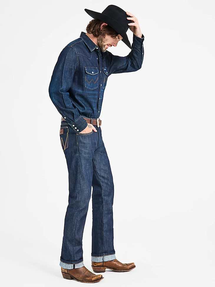 vaqueros wrangler retro slim fit straight selvedge stretch raw indigo