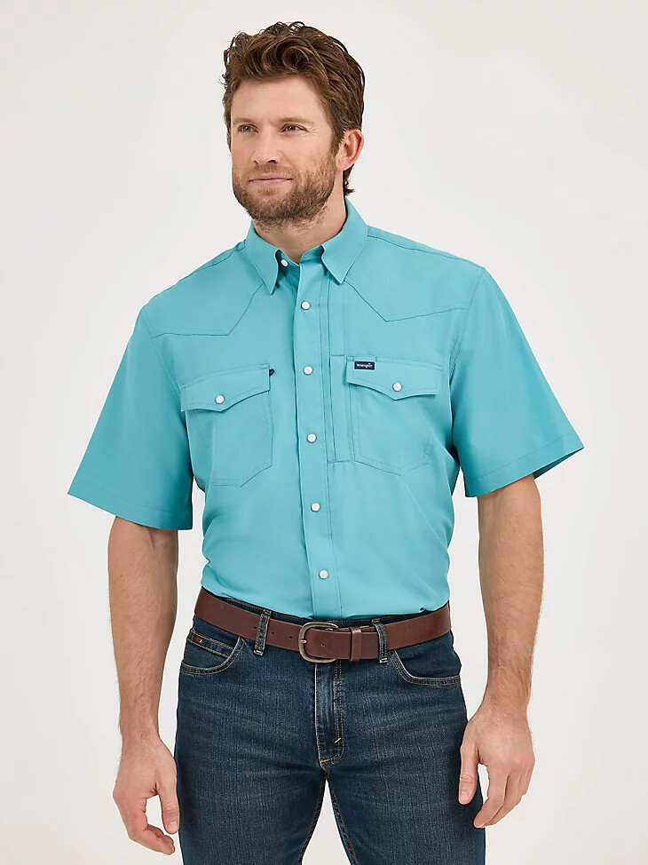 camisa wrangler performance de manga corta con broches a presión para hombre color verde azulado apagado