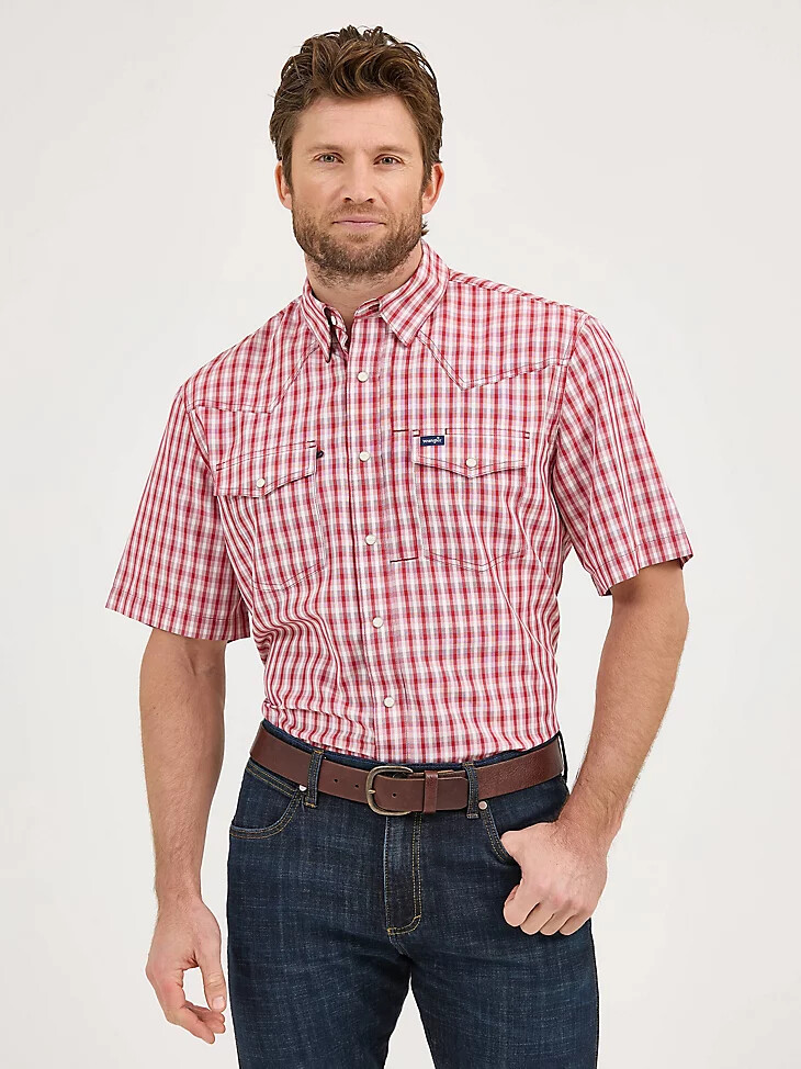 camisa a cuadros wrangler performance de manga corta con broches a presión para hombre color rojo picnic