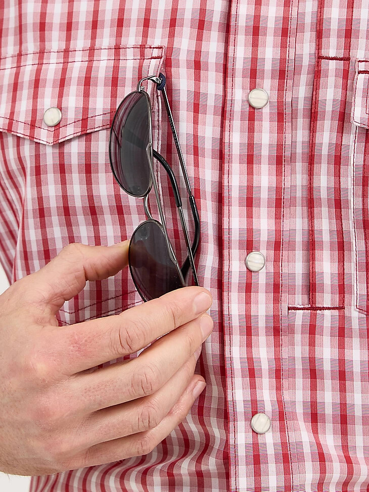 camisa a cuadros wrangler performance de manga corta con broches a presión para hombre color rojo picnic