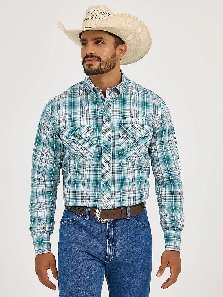 camisa a cuadros con botones y manga larga con logotipo wrangler para hombre color abeto