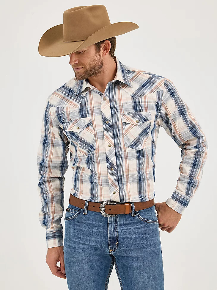 camisa vaquera de manga larga con dos bolsillos y cuello a cuadros shore plaid 20x competition advanced comfort para hombre