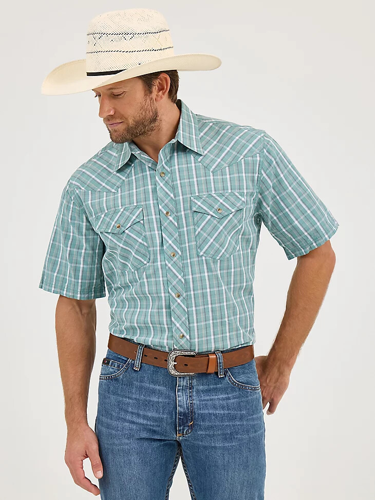camisa vaquera de manga corta 20x competition advanced comfort para hombre con broches a presión color cian a cuadros