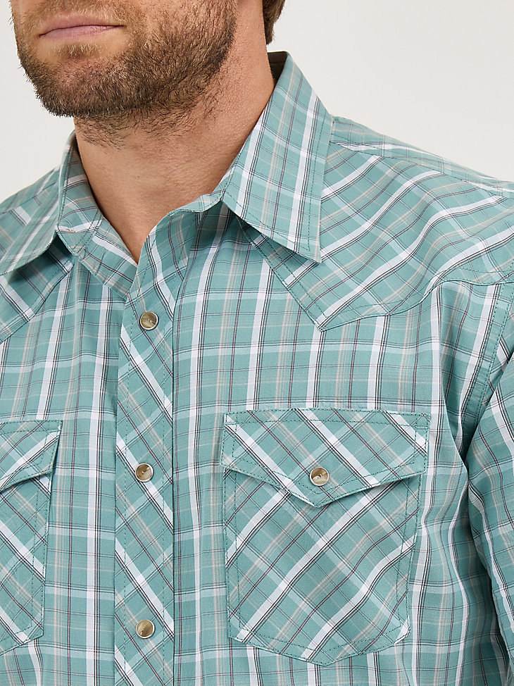 camisa vaquera de manga corta 20x competition advanced comfort para hombre con broches a presión color cian a cuadros
