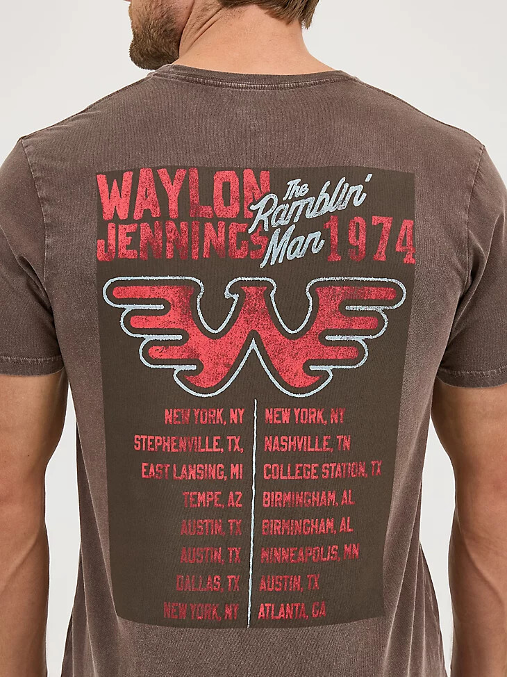 camiseta de concierto waylon jennings de wrangler para hombre color chocolate y ciruela